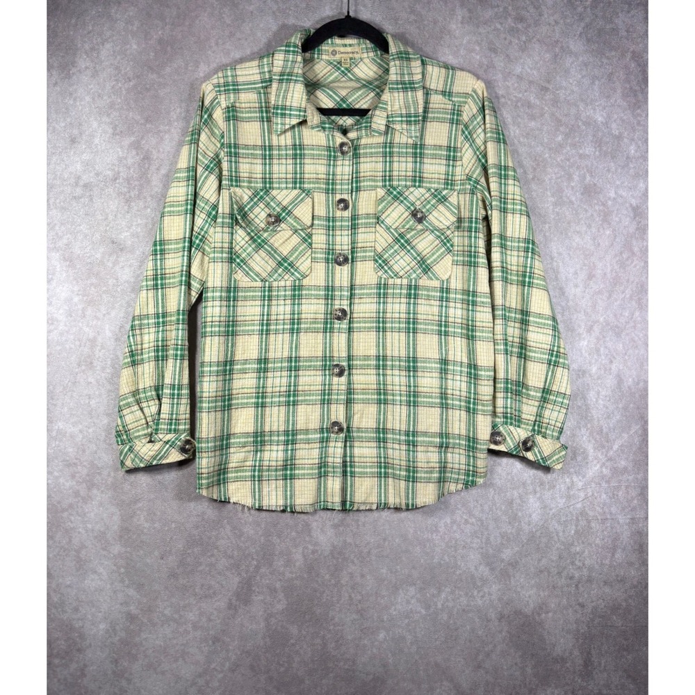 Democracy Shirt Womens XS Green Plaid Shacket Raw Hem Button Down Boho Casual